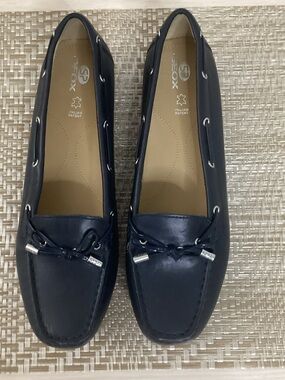 Geox Navy Leather Moccasin Loafers with Bow Detail